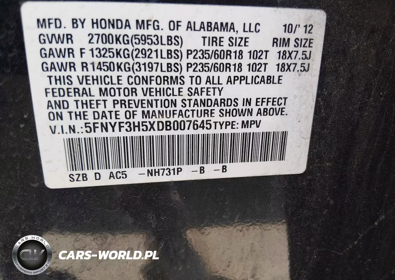 2013 Honda Pilot Ex-L VIN:5FNYF3H5XDB007645 - 9