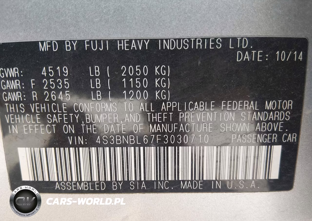2015 Subaru Legacy 2.5I Limited VIN:4S3BNBL67F3030710 - 9