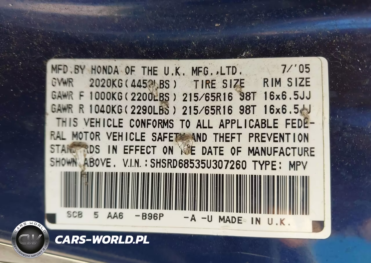 2005 Honda Cr-V Lx VIN:SHSRD68535U307260 - 9
