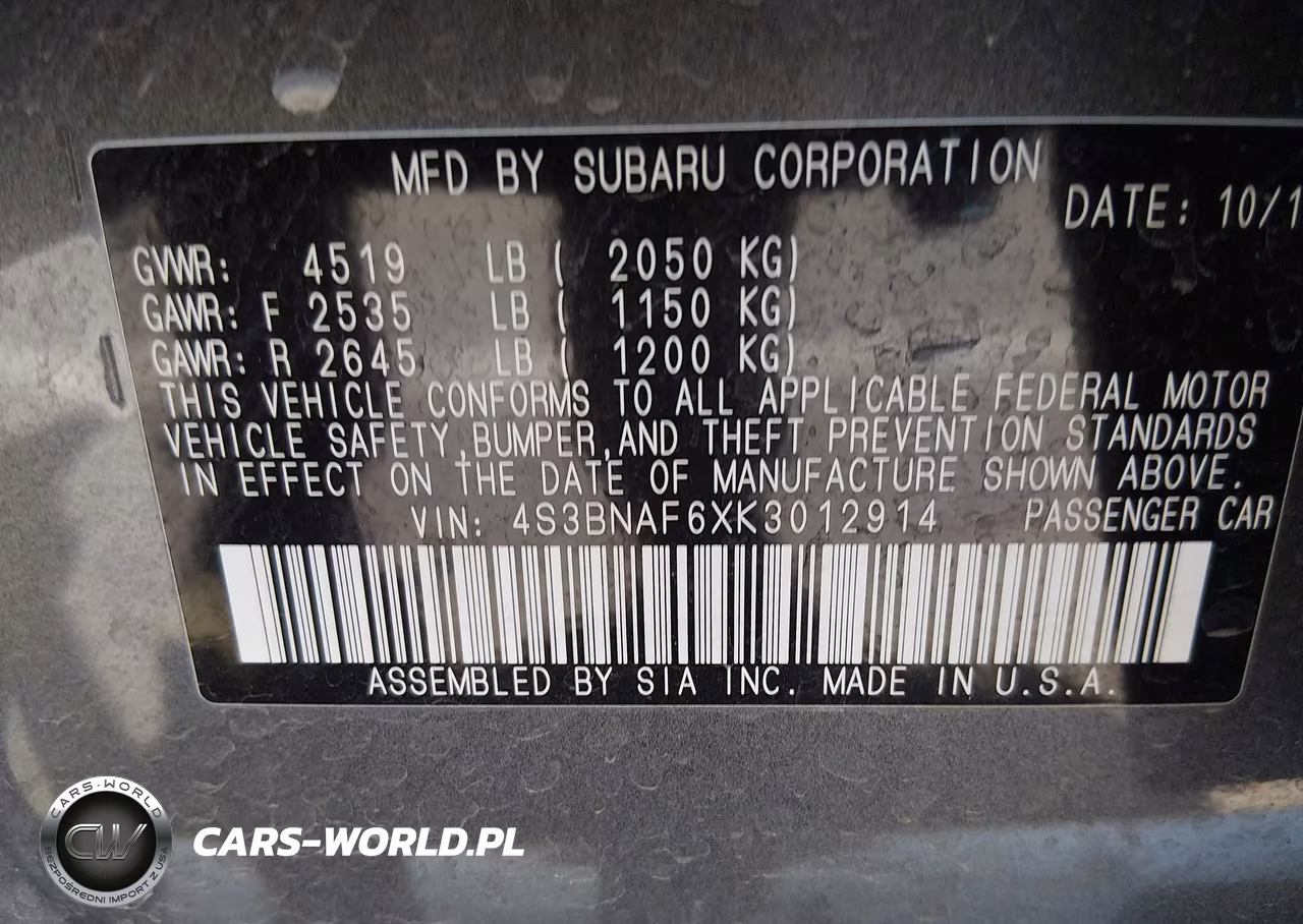 2019 Subaru Legacy 2.5I Premium VIN:4S3BNAF6XK3012914 - 9