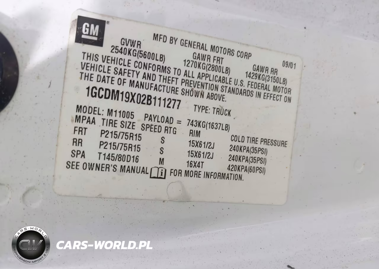 2002 Chevrolet Astro VIN:1GCDM19X02B111277 - 9