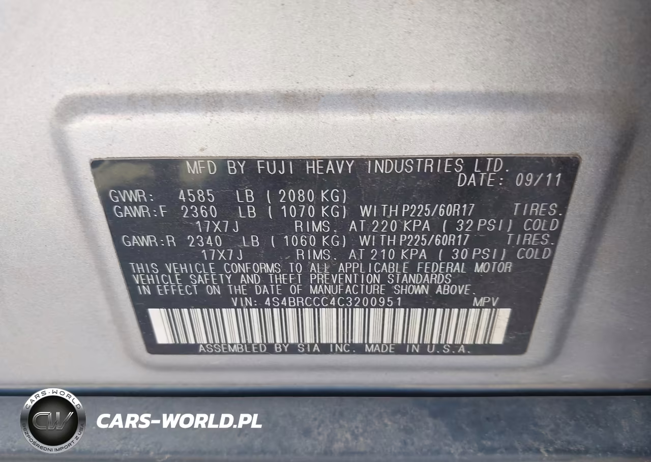 2012 Subaru Outback 2.5I Premium VIN:4S4BRCCC4C3200951 - 9