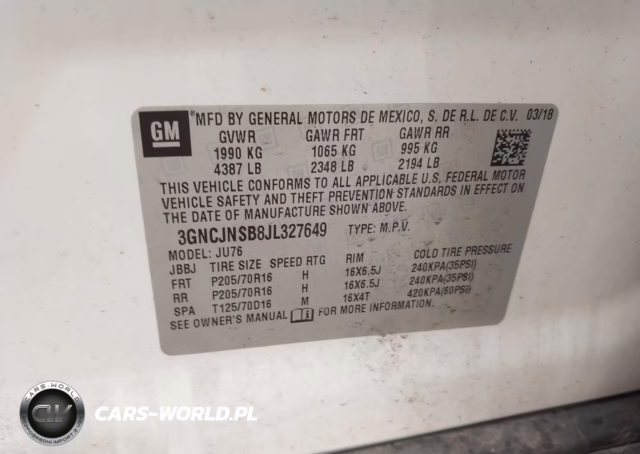2018 Chevrolet Trax Ls VIN:3GNCJNSB8JL327649 - 9