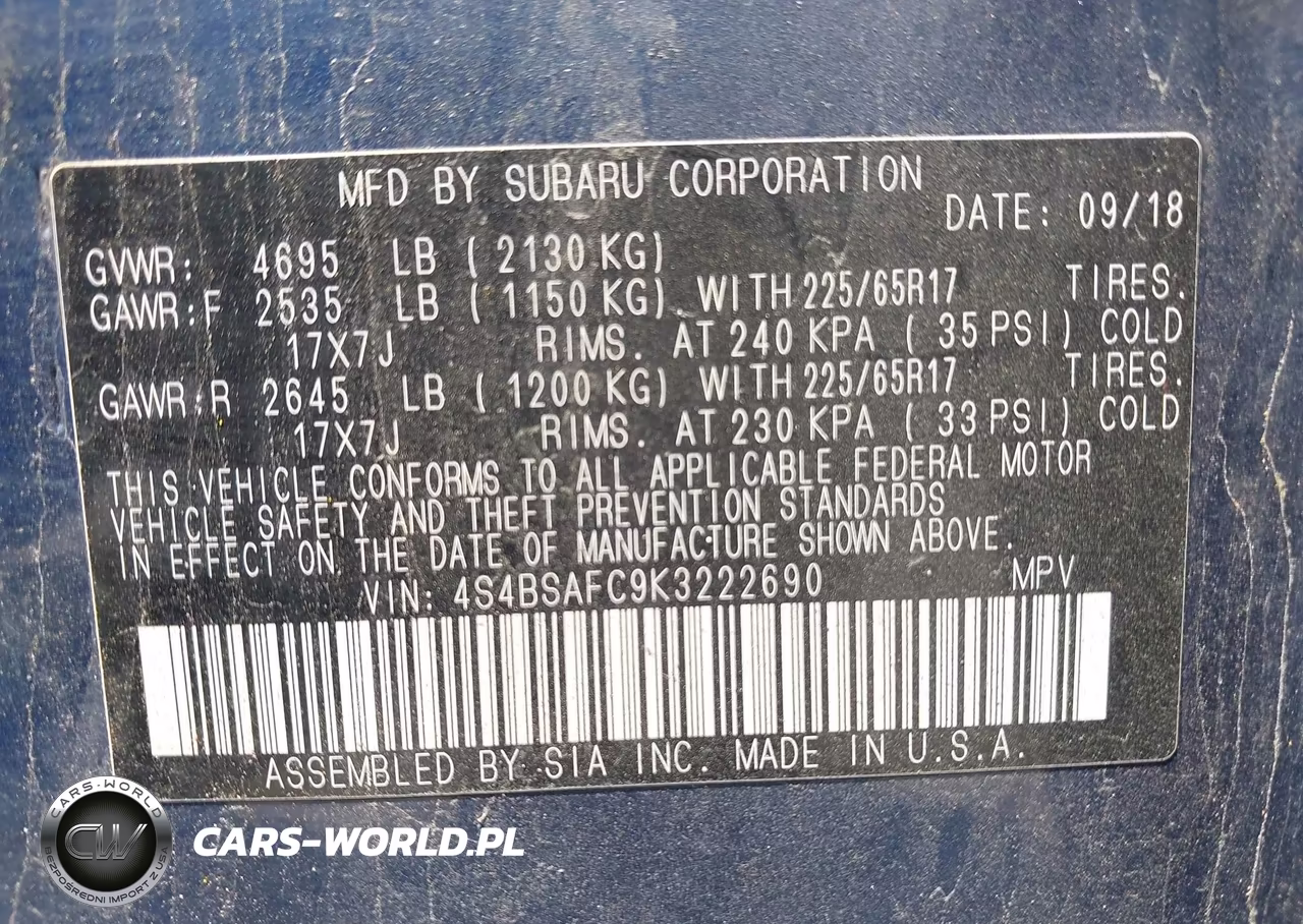 2019 Subaru Outback 2.5I Premium VIN:4S4BSAFC9K3222690 - 9