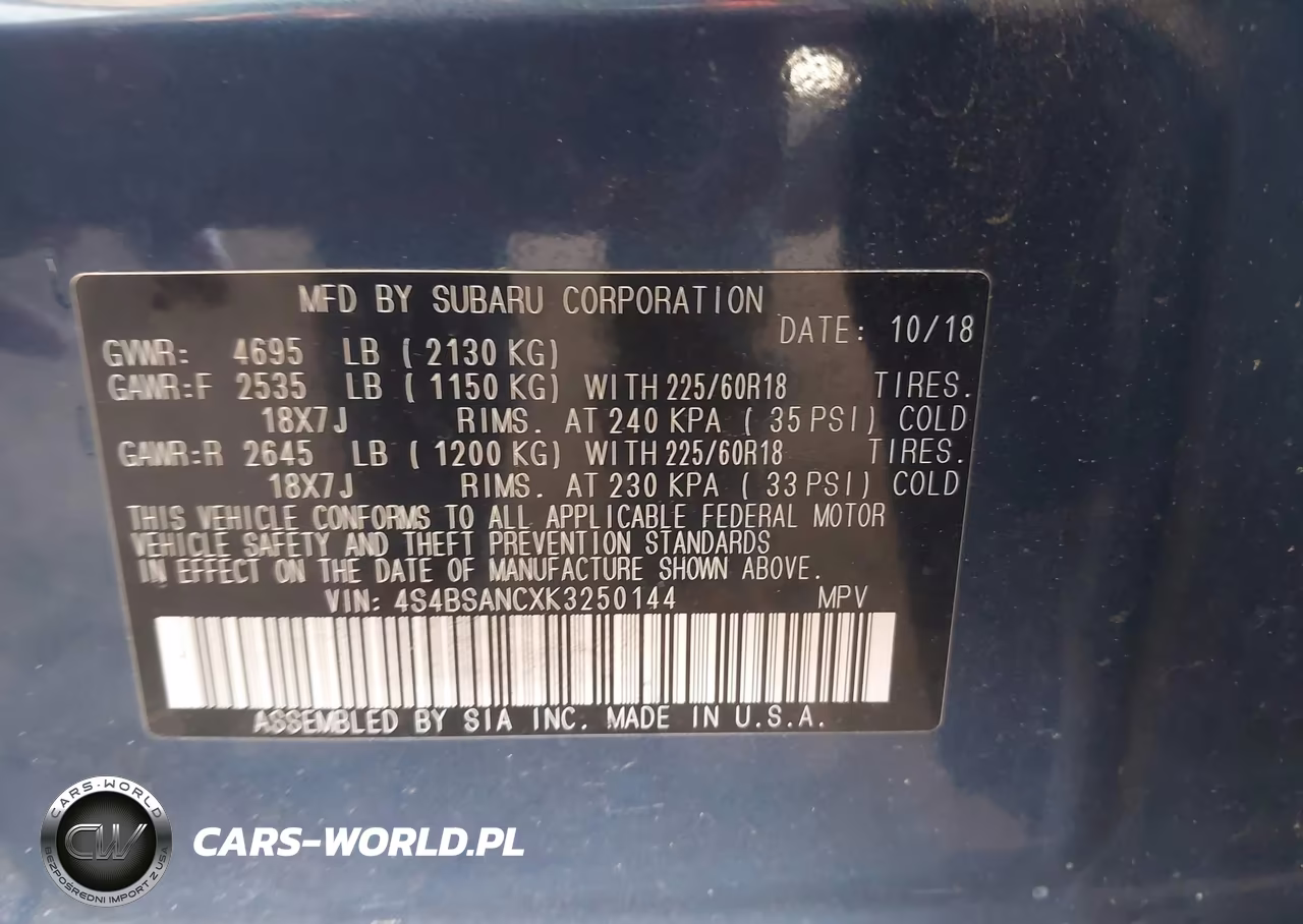 2019 Subaru Outback 2.5I Limited VIN:4S4BSANCXK3250144 - 9