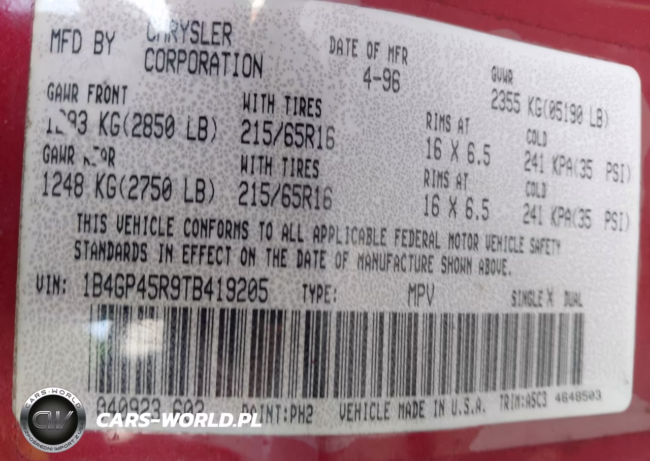 1996 Dodge Caravan Se-Sport VIN:1B4GP45R9TB419205 - 9