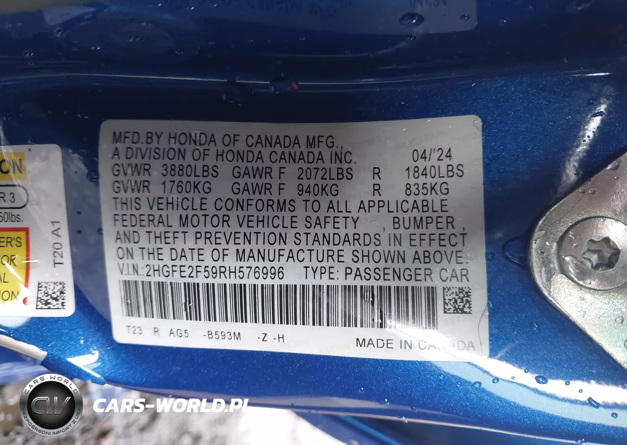 2024 Honda Civic Sport VIN:2HGFE2F59RH576996 - 9