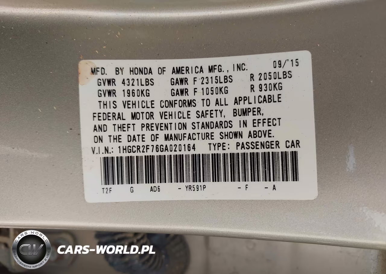 2016 Honda Accord Ex VIN:1HGCR2F76GA020164 - 9