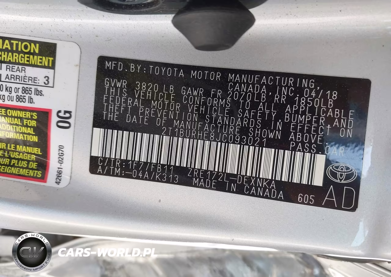 2018 Toyota Corolla L-Le-Xle-Se-Xse VIN:2T1BURHE8JC093021 - 9