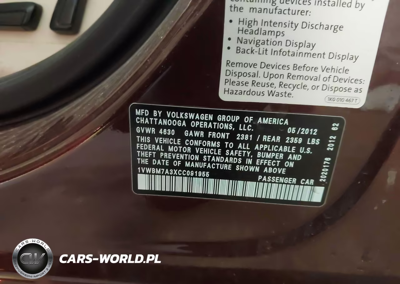 2012 Volkswagen Passat 3.6L V6 Se VIN:1VWBM7A3XCC091955 - 9