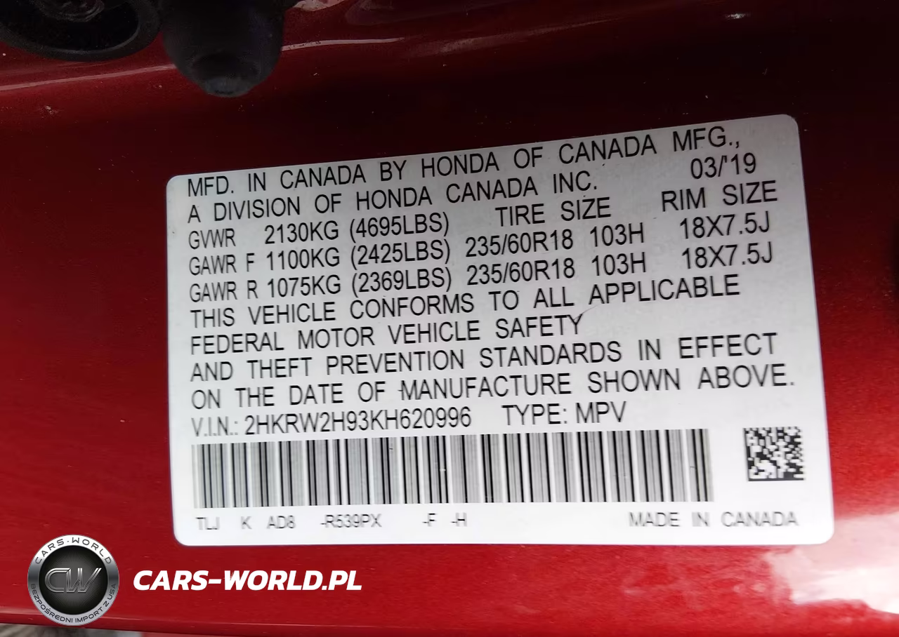 2019 Honda Cr-V Touring VIN:2HKRW2H93KH620996 - 9