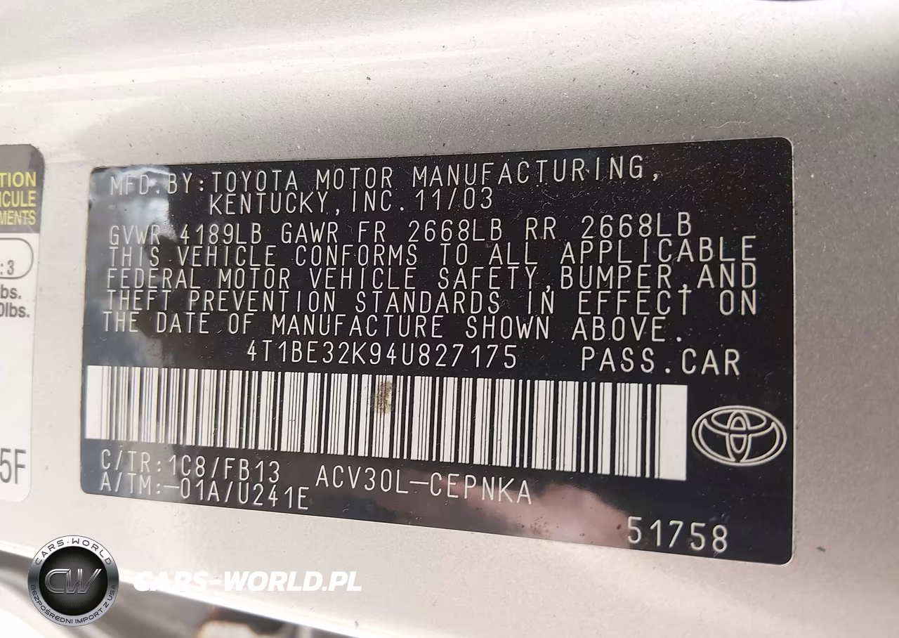 2004 Toyota Camry Le VIN:4T1BE32K94U827175 - 9