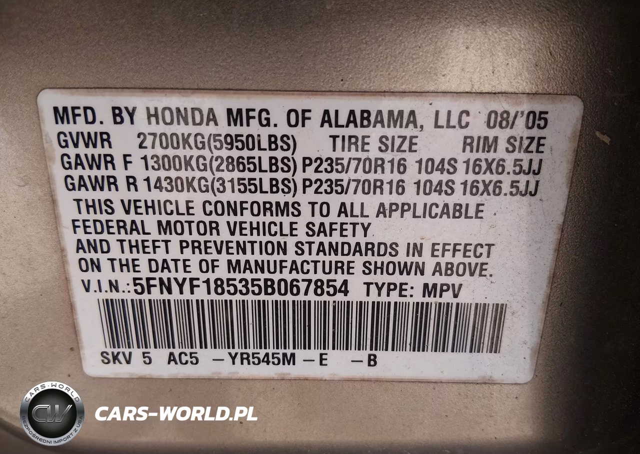2005 Honda Pilot Ex-L VIN:5FNYF18535B067854 - 9