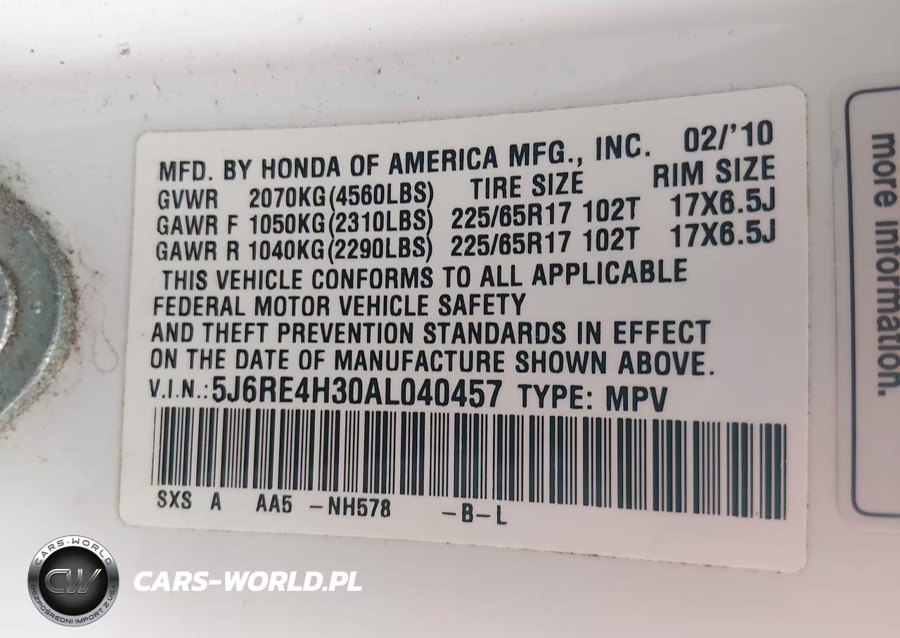2010 Honda Cr-V Lx VIN:5J6RE4H30AL040457 - 9