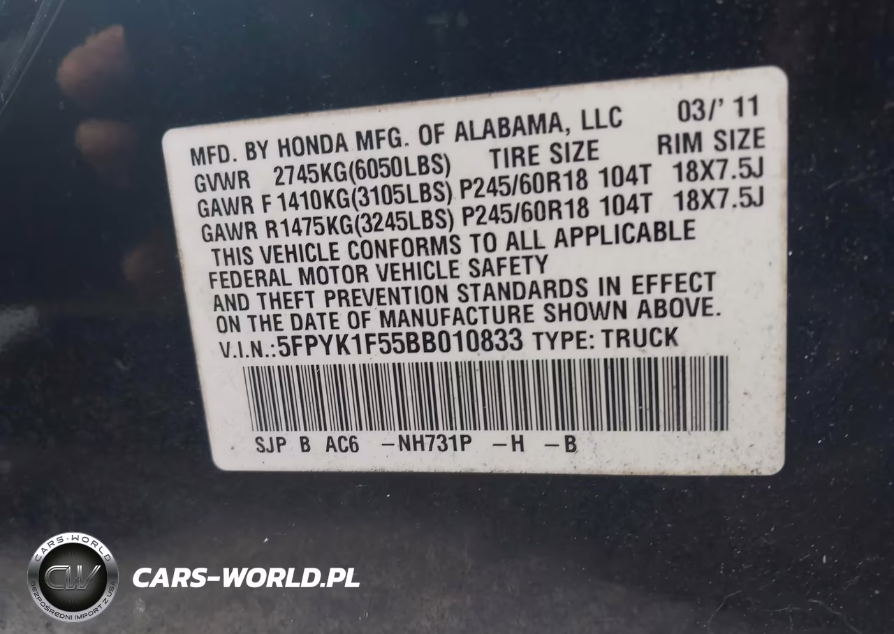 2011 Honda Ridgeline Rtl VIN:5FPYK1F55BB010833 - 9