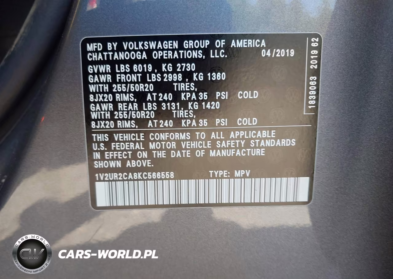 2019 Volkswagen Atlas 3.6L V6 Se W-Technology VIN:1V2UR2CA8KC566558 - 9