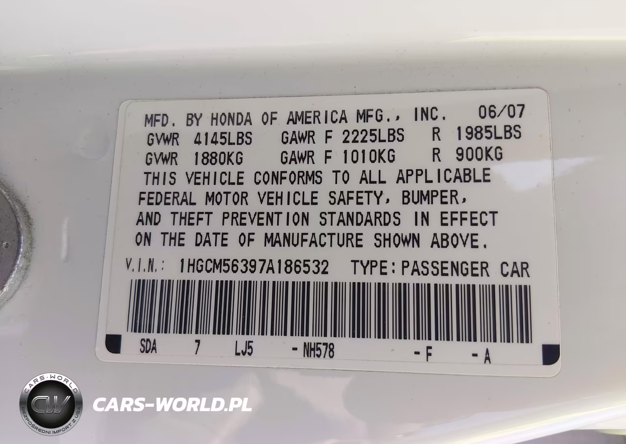 2007 Honda Accord 2.4 Se VIN:1HGCM56397A186532 - 9