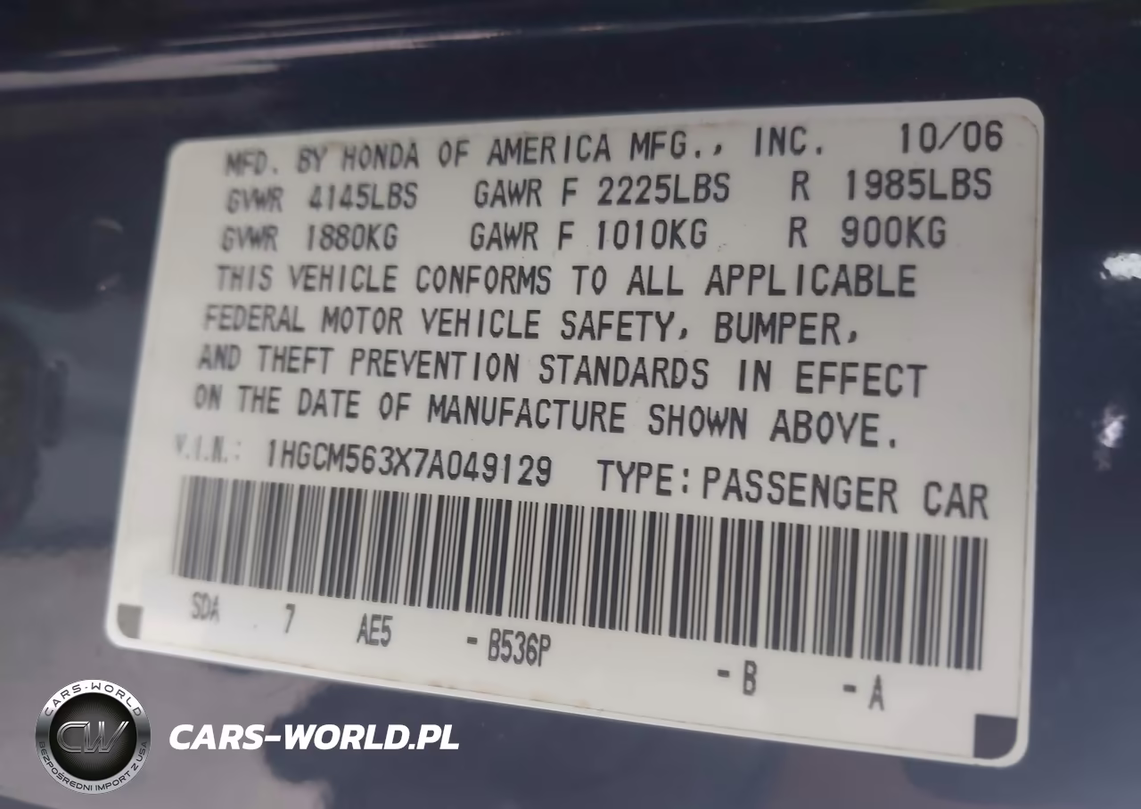 2007 Honda Accord 2.4 Se VIN:1HGCM563X7A049129 - 9