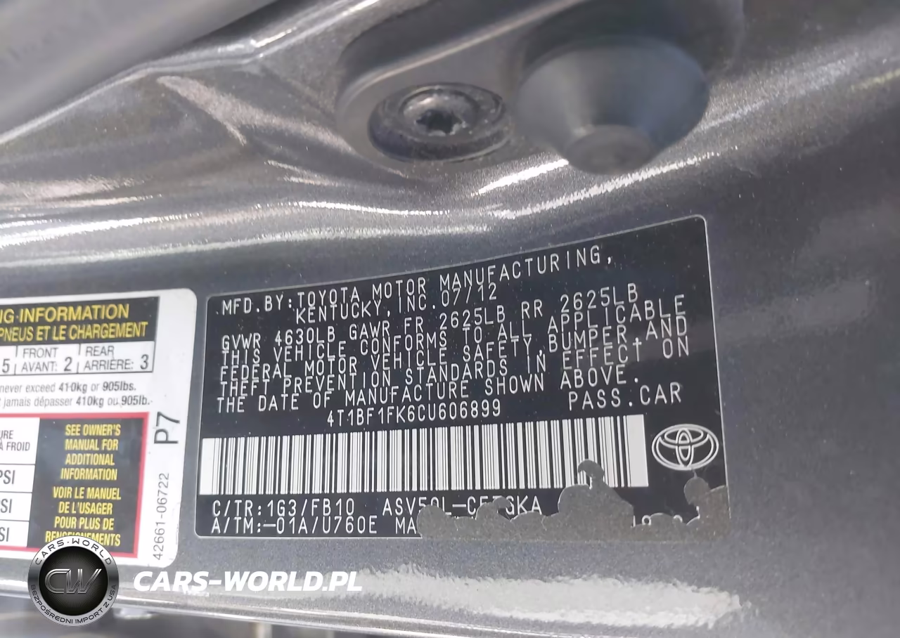 2012 Toyota Camry Xle VIN:4T1BF1FK6CU606899 - 9