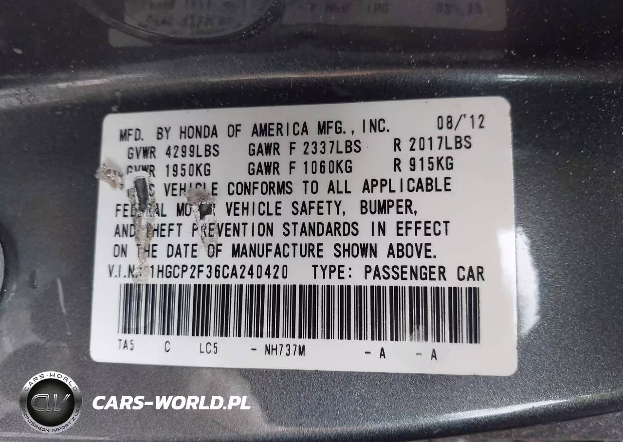 2012 Honda Accord 2.4 Lx VIN:1HGCP2F36CA240420 - 9