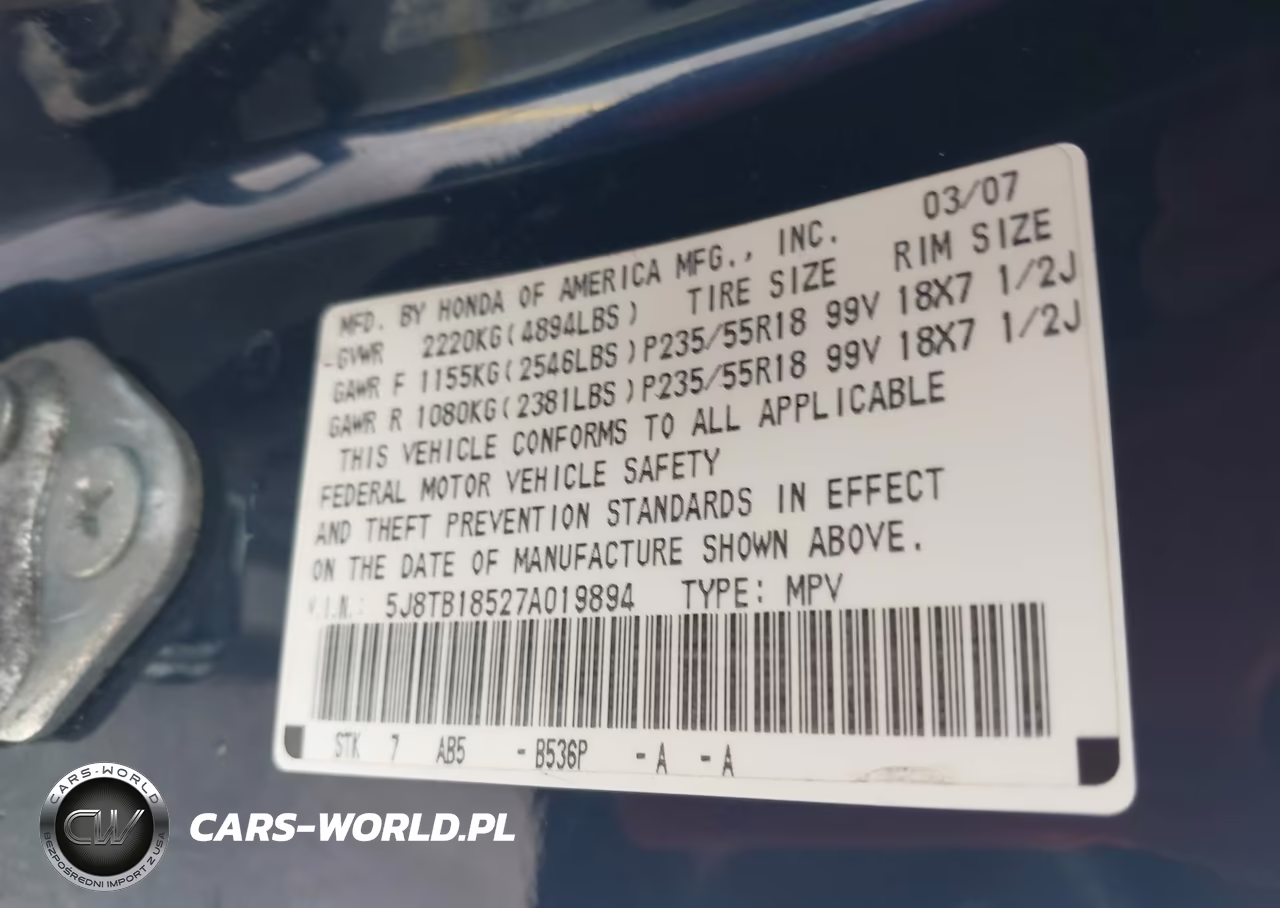 2007 Acura Rdx VIN:5J8TB18527A019894 - 9