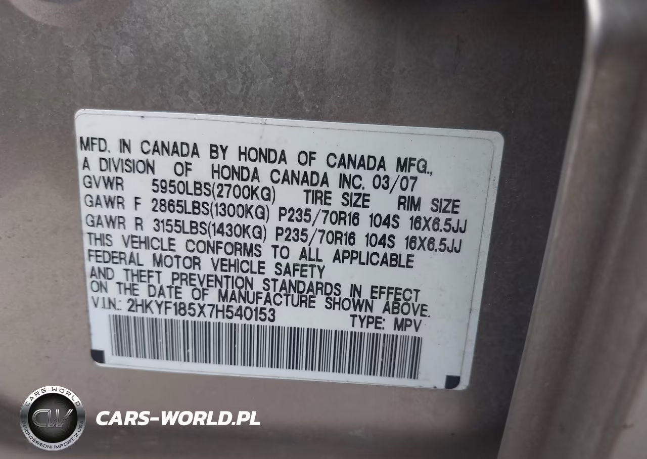 2007 Honda Pilot Ex-L VIN:2HKYF185X7H540153 - 9