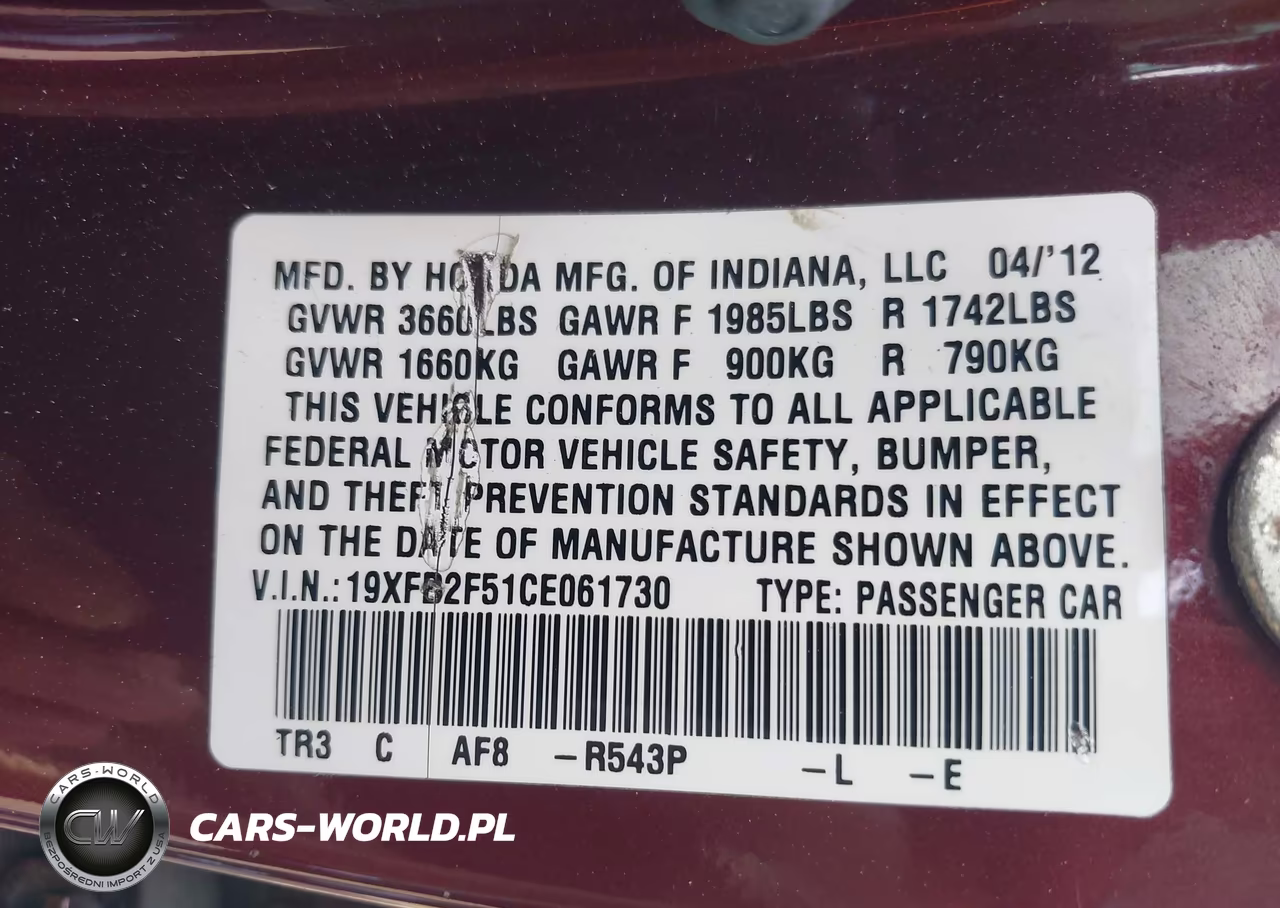 2012 Honda Civic Lx VIN:19XFB2F51CE061730 - 9