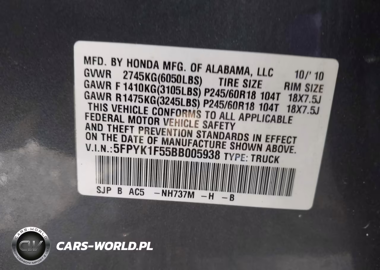 2011 Honda Ridgeline Rtl VIN:5FPYK1F55BB005938 - 9