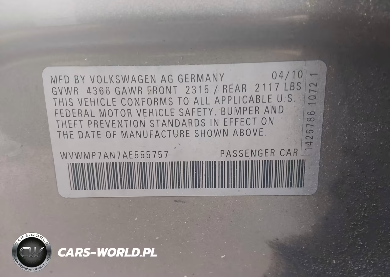 2010 Volkswagen Cc Sport VIN:WVWMP7AN7AE555757 - 9