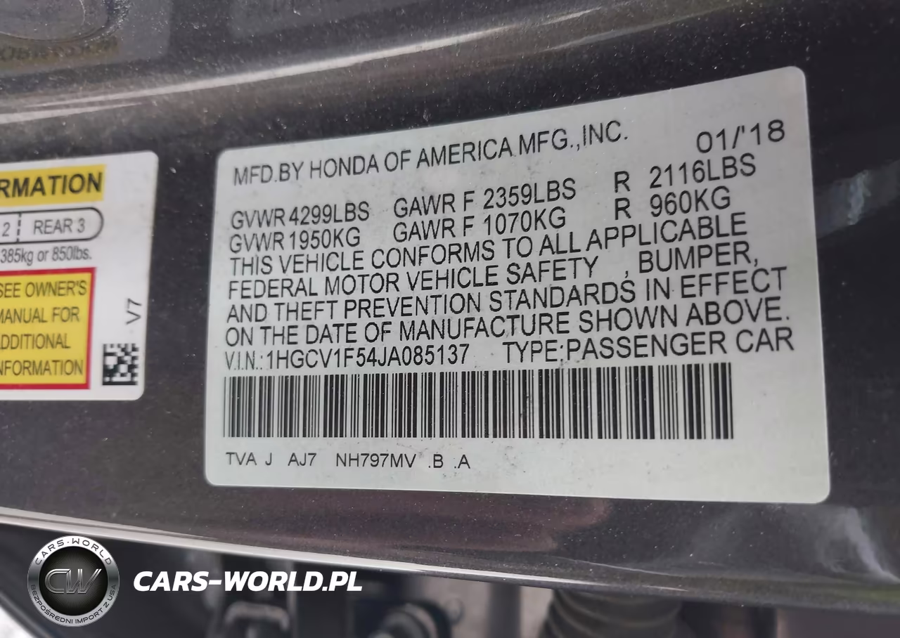 2018 Honda Accord Ex-L VIN:1HGCV1F54JA085137 - 9