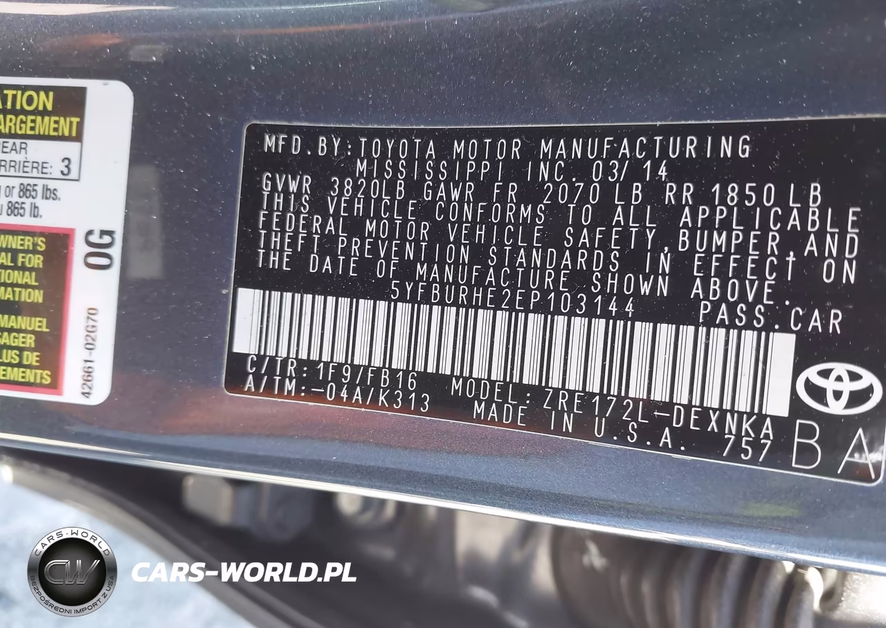 2014 Toyota Corolla Le Plus VIN:5YFBURHE2EP103144 - 9