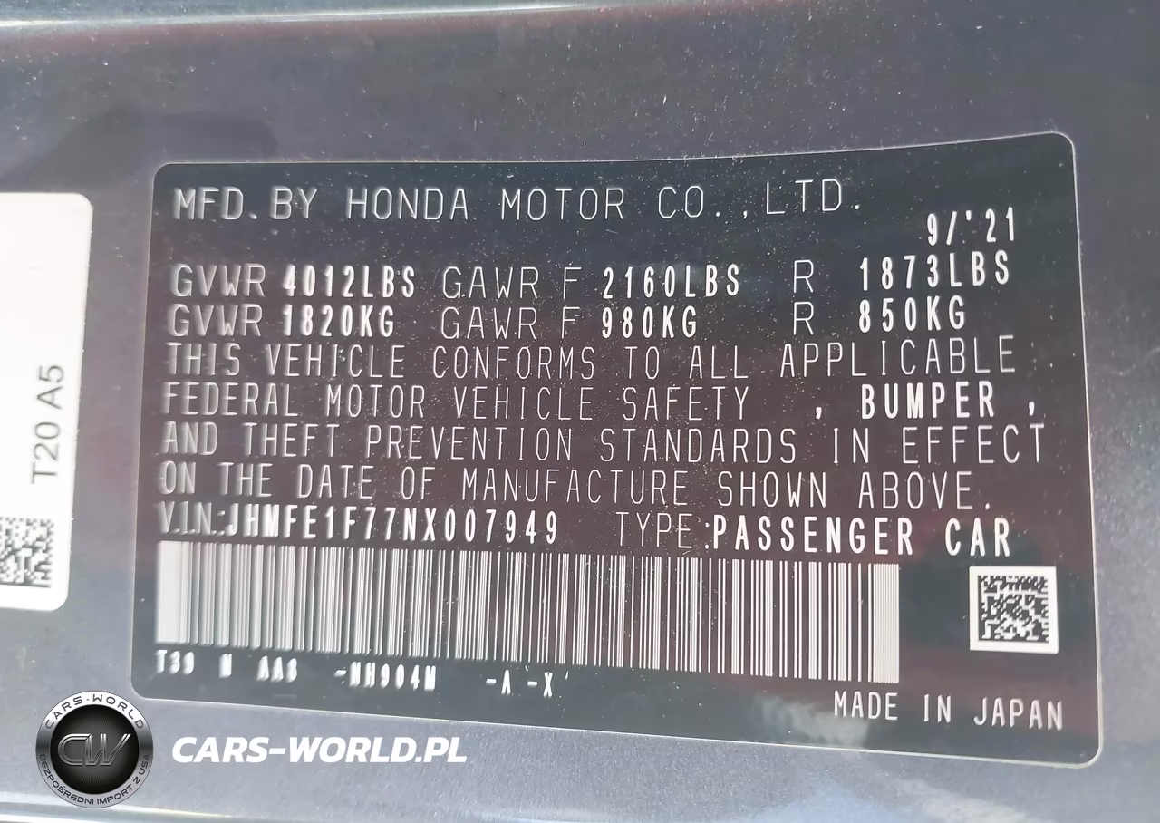 2022 Honda Civic Ex VIN:JHMFE1F77NX007949 - 9