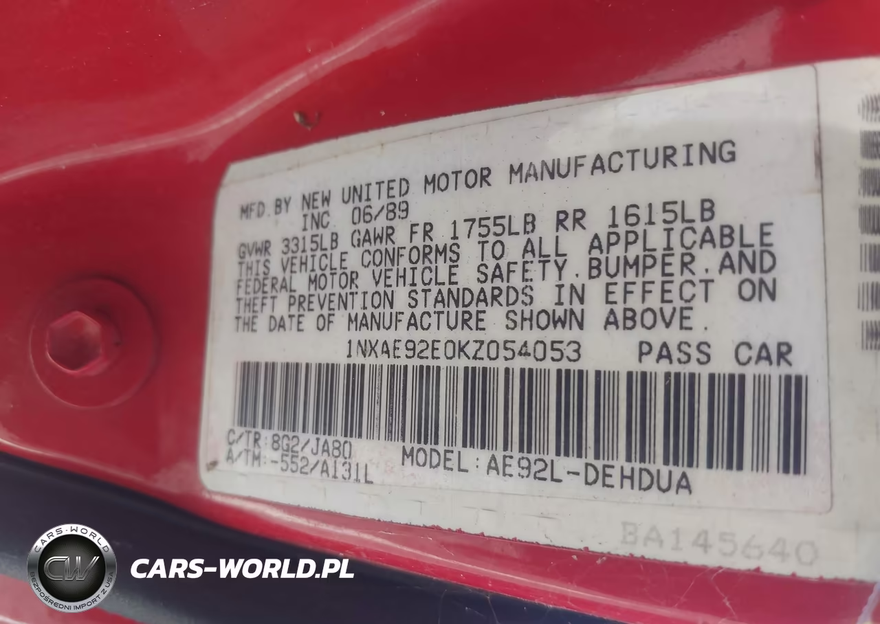 1989 Toyota Corolla Dlx VIN:1NXAE92E0KZ054053 - 9