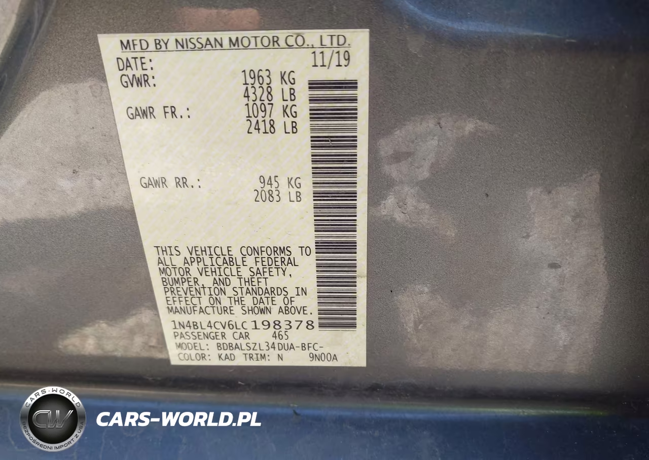 2020 Nissan Altima Sr Fwd VIN:1N4BL4CV6LC198378 - 9