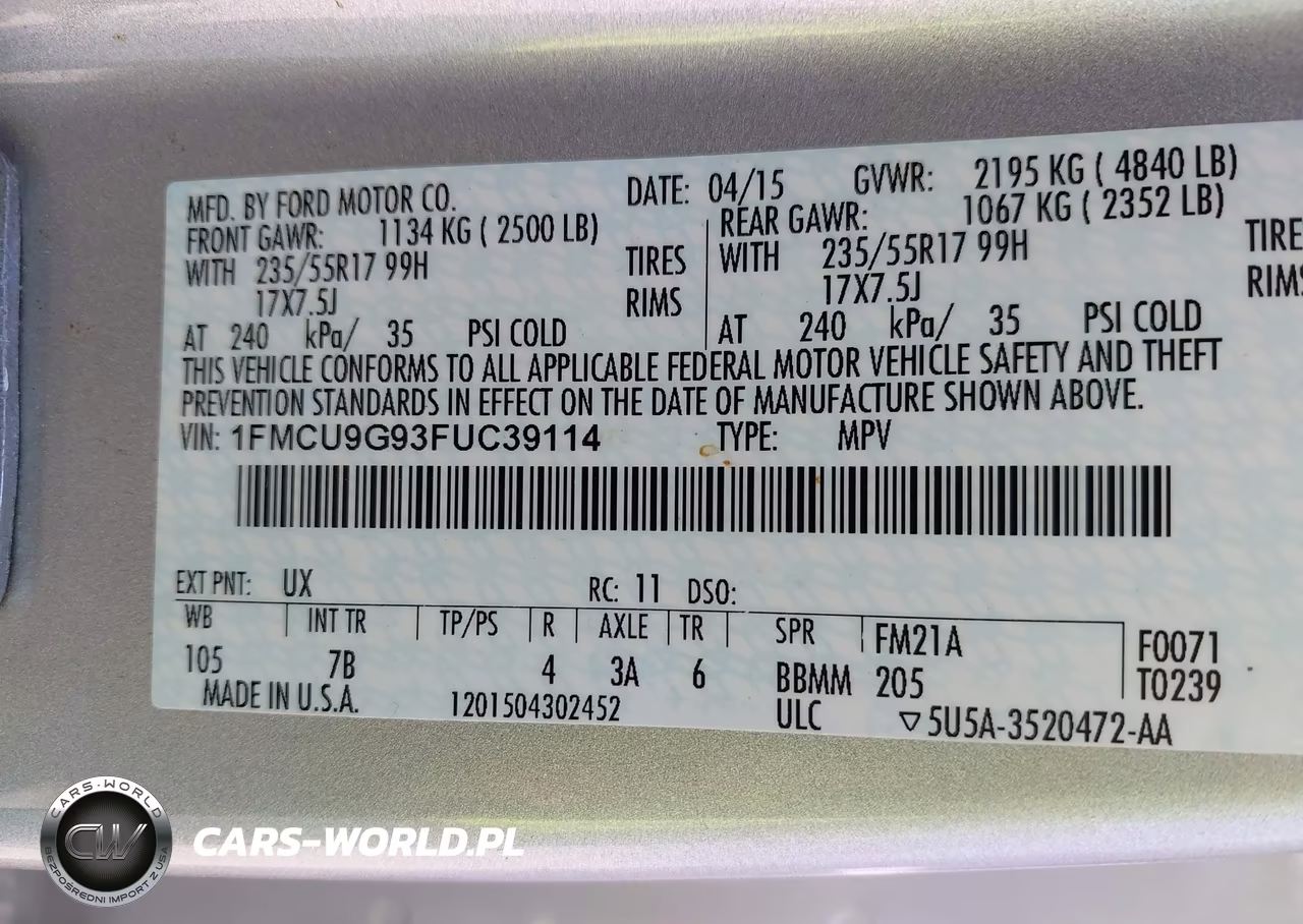 2015 Ford Escape Se VIN:1FMCU9G93FUC39114 - 9