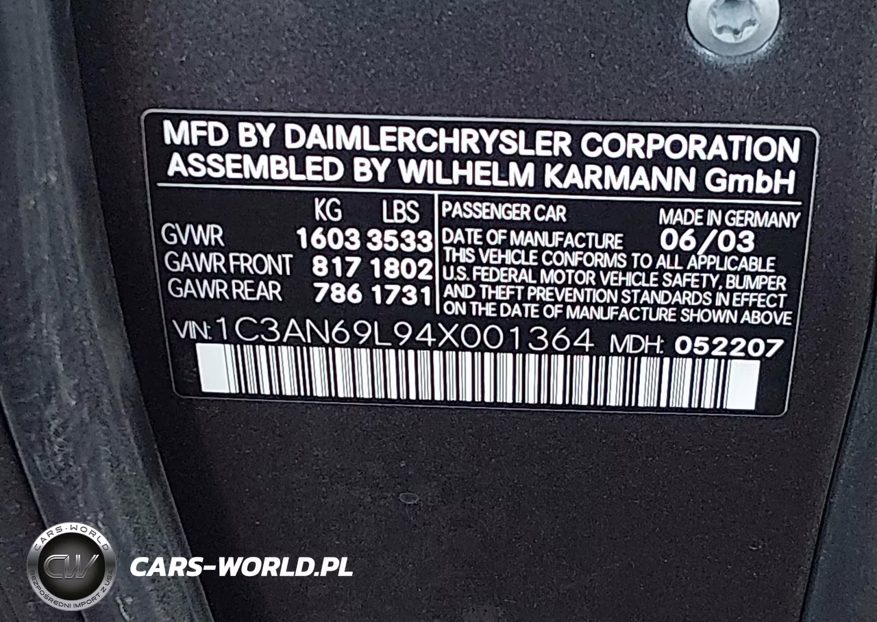 2004 Chrysler Crossfire VIN:1C3AN69L94X001364 - 9