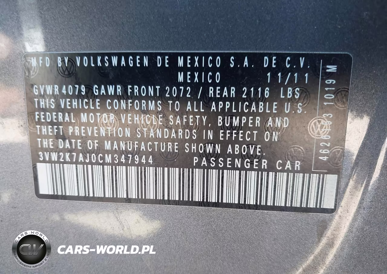 2012 Volkswagen Jetta 2.0L S VIN:3VW2K7AJ0CM347944 - 9
