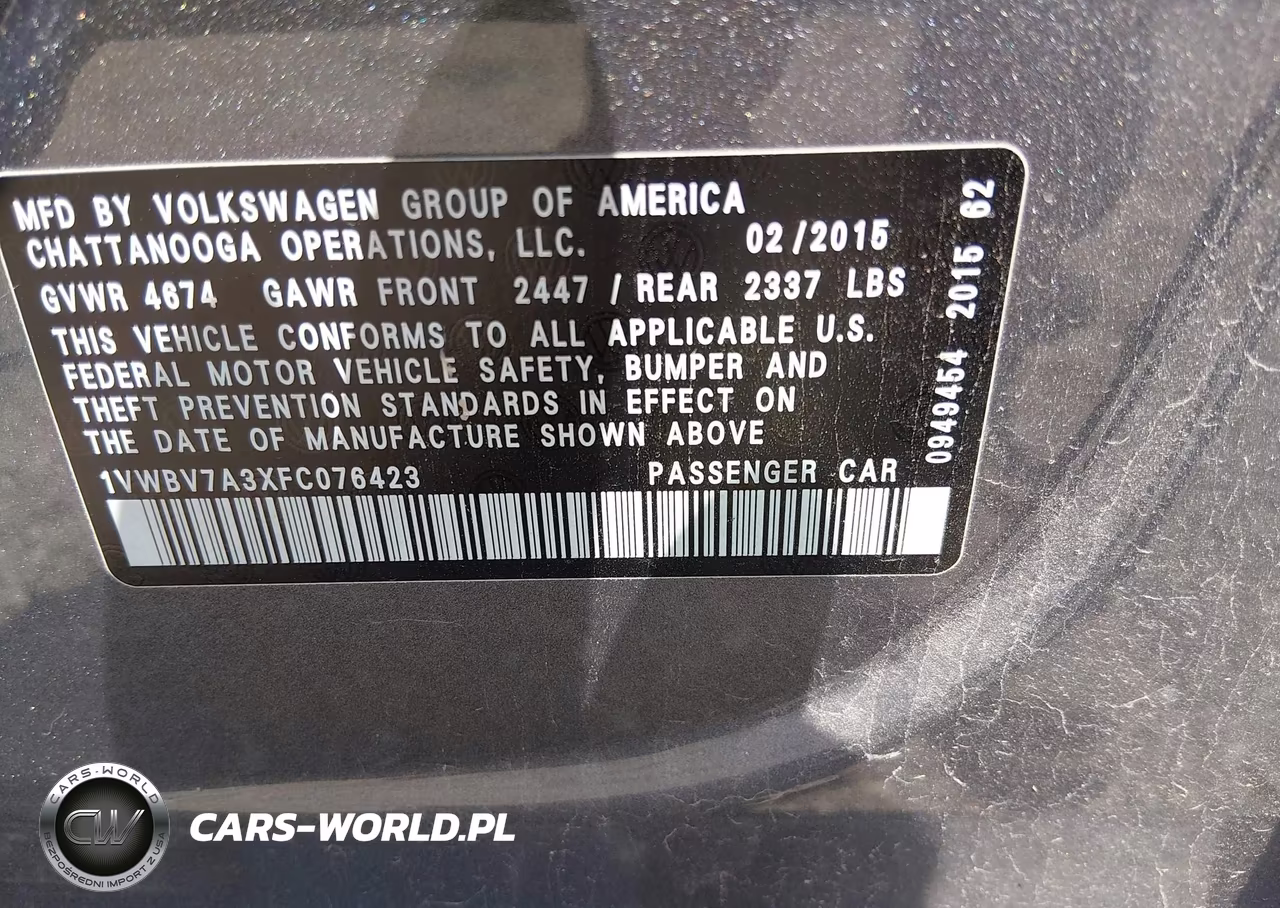 2015 Volkswagen Passat 2.0L Tdi Se VIN:1VWBV7A3XFC076423 - 9