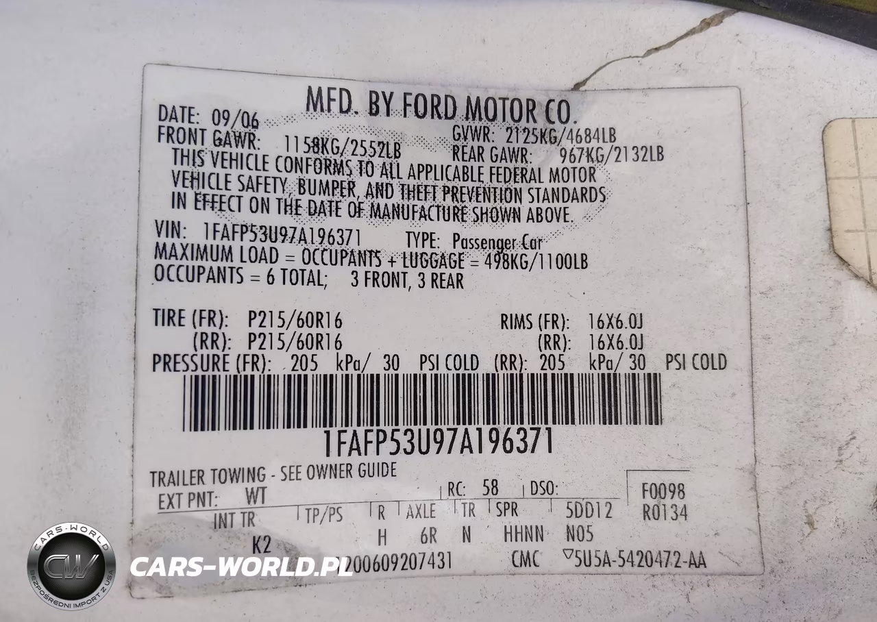 2007 Ford Taurus Se VIN:1FAFP53U97A196371 - 9