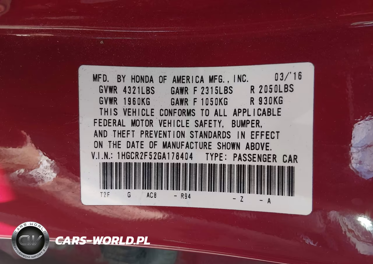 2016 Honda Accord Sport VIN:1HGCR2F52GA178404 - 9