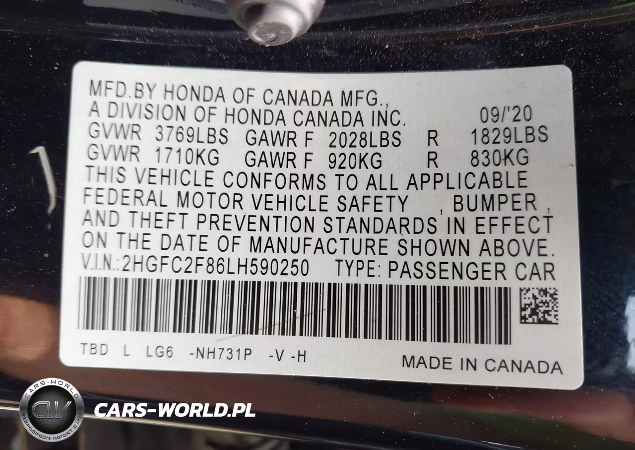 2020 Honda Civic Sport VIN:2HGFC2F86LH590250 - 9