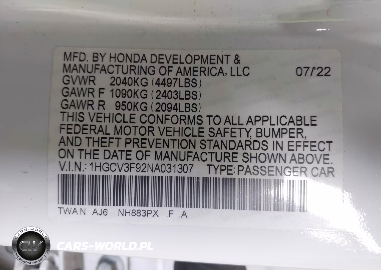 2022 Honda Accord Hybrid Touring VIN:1HGCV3F92NA031307 - 9