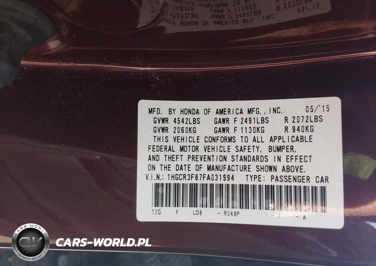 2015 Honda Accord Ex-L V-6 VIN:1HGCR3F87FA031994 - 9