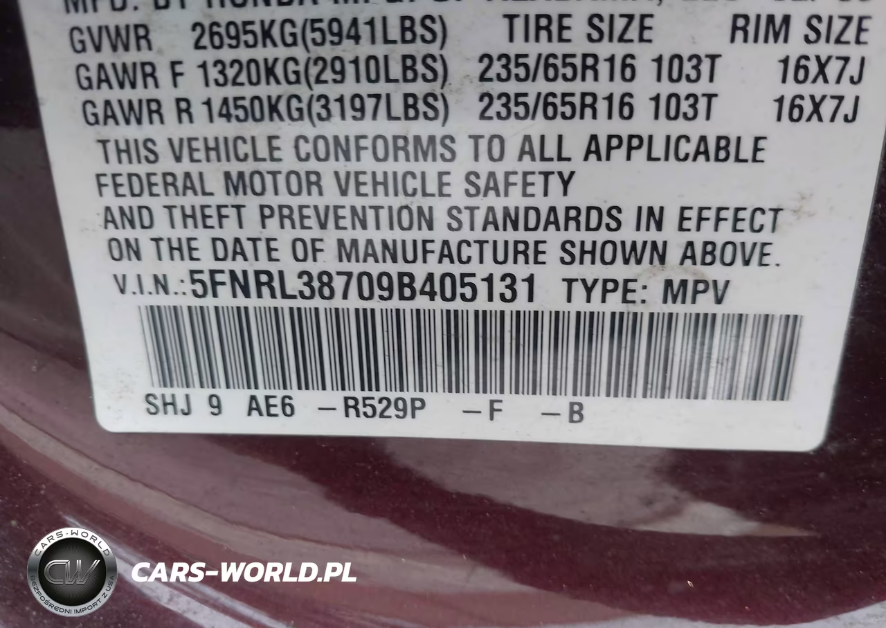 2009 Honda Odyssey Ex-L VIN:5FNRL38709B405131 - 9