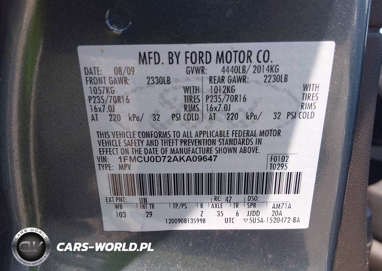 2010 Ford Escape Xlt VIN:1FMCU0D72AKA09647 - 9