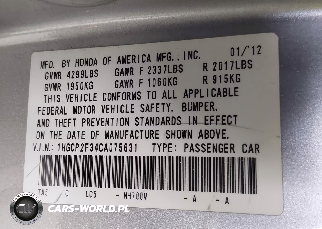 2012 Honda Accord 2.4 Lx VIN:1HGCP2F34CA075631 - 9