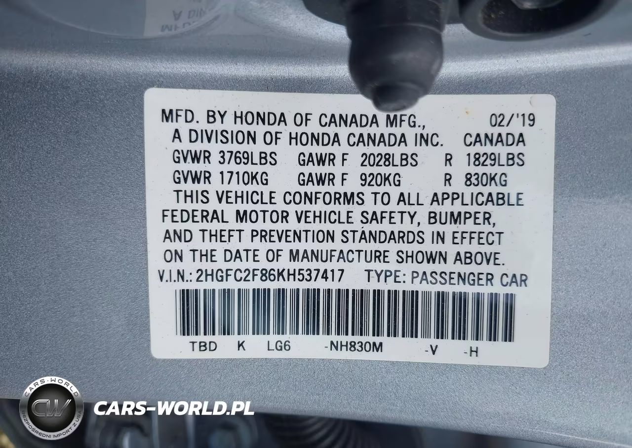 2019 Honda Civic Sport VIN:2HGFC2F86KH537417 - 9