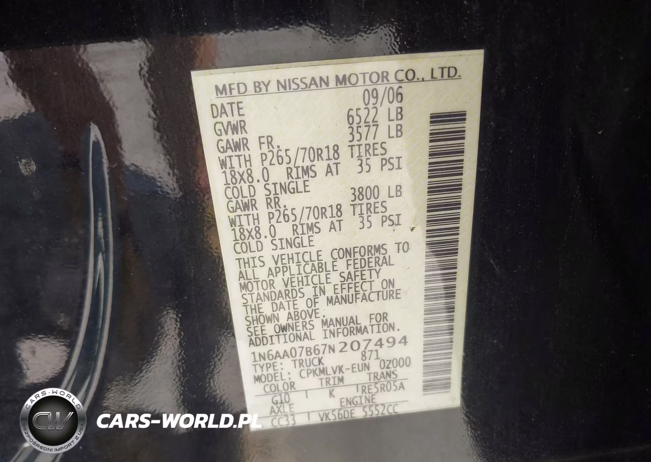 2007 Nissan Titan Le VIN:1N6AA07B67N207494 - 9