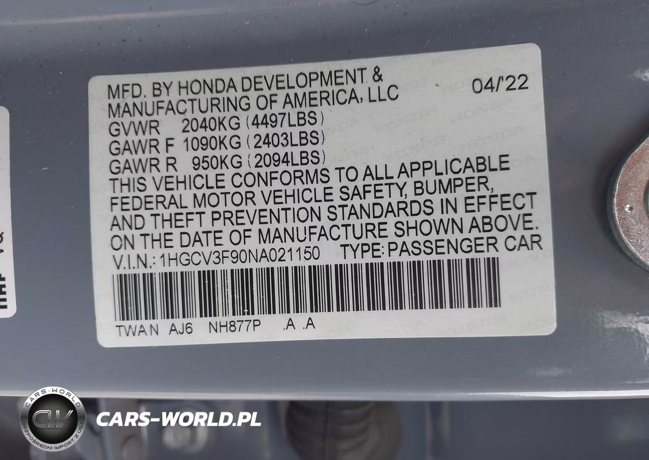 2022 Honda Accord Hybrid Touring VIN:1HGCV3F90NA021150 - 9