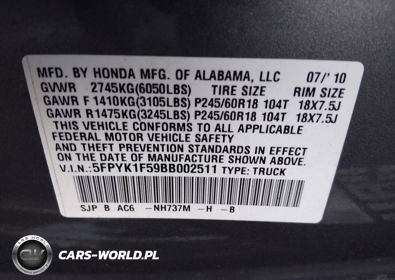 2011 Honda Ridgeline Rtl VIN:5FPYK1F59BB002511 - 9